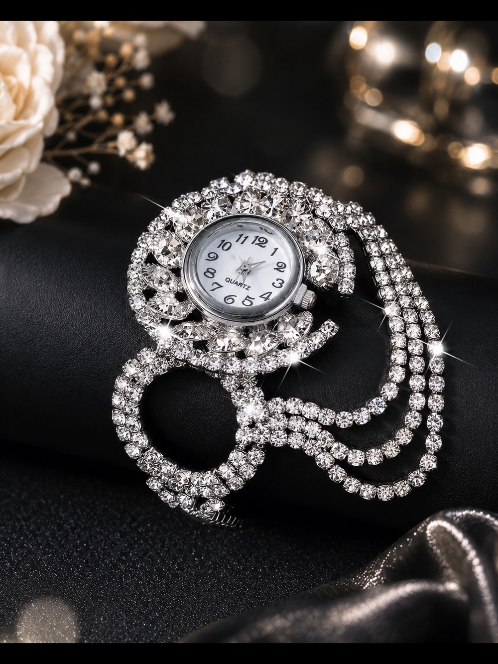 Crystal Rhinestone Brooch Inspired Bracelet Watch-Silver- Battery Included